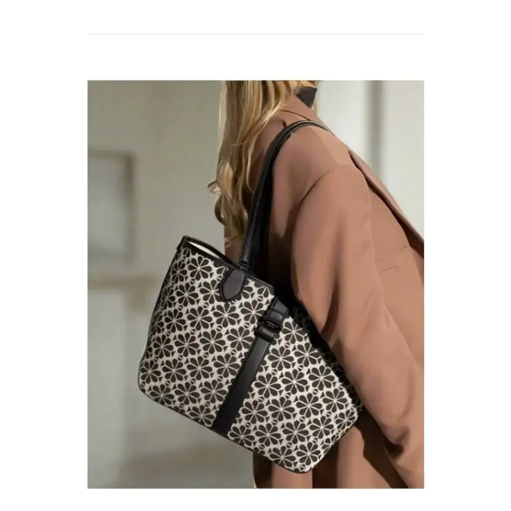 Kate Spade Black Flower Jacquard Tote Medium Leather Trim Shoulder Bag
